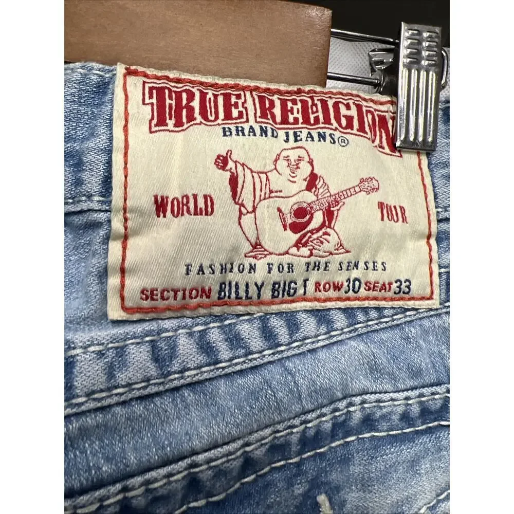 True Religion Billy Big T Flap Distressed Denim Embroidered Jeans ACTUAL 30x33
